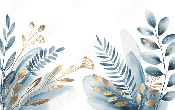 Obraz Blue and gold botanical watercolor elements leaves