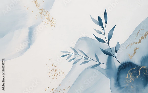 Obraz Abstract Blue Watercolor Shapes with Gold Flecks and Leaves