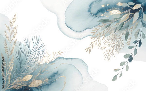 Obraz Watercolor Blue Splashes with Gold Leafy Branches abstract