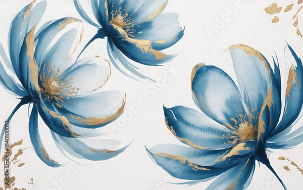 Obraz Abstract Blue Flowers with Gilded Edges on White floral