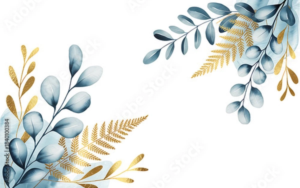 Obraz Blue and Gold Floral Corner Accents with Ferns abstract