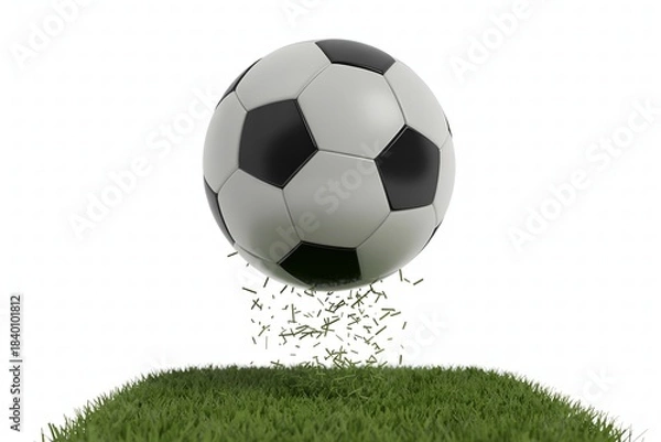 Fototapeta A soccer ball suspended in the air above a patch of grass, with grass clippings flying