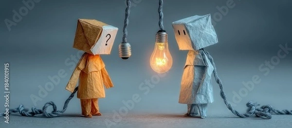 Fototapeta Two paper figures with lightbulbs, symbolizing ideas and questions