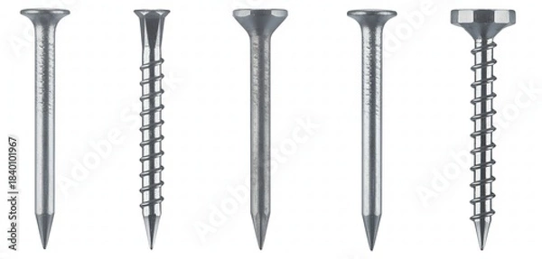 Fototapeta Assortment of metal nails and screws on a white background