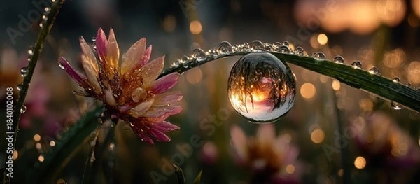 Fototapeta Dewdrop reflects sunset scene on a blade of grass, next to a pink flower