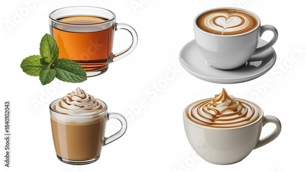 Fototapeta Four delicious hot beverages: tea, latte, mocha, and caramel coffee