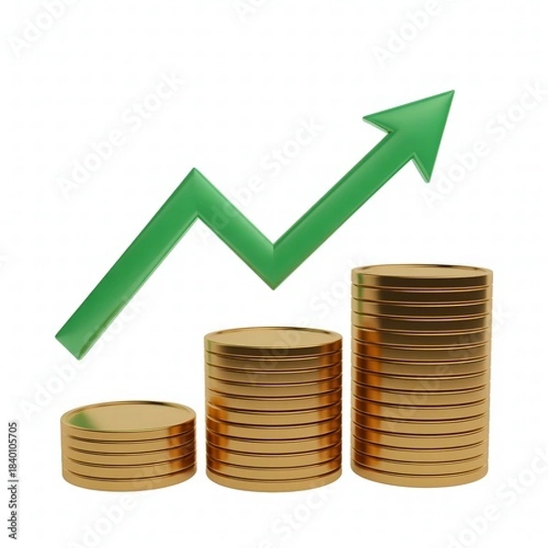 Fototapeta Growing Stack of Gold Coins with Upward Trend Arrow