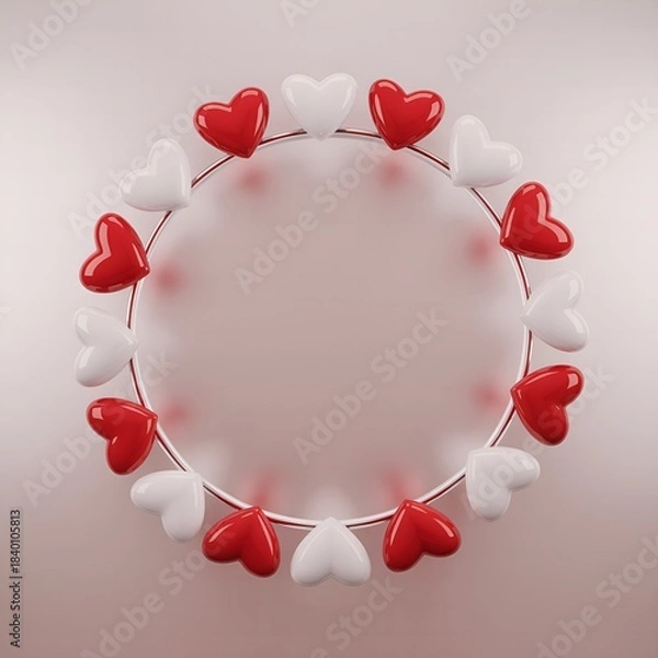 Fototapeta Red and White Hearts Forming a Circle on a Light Pink Background