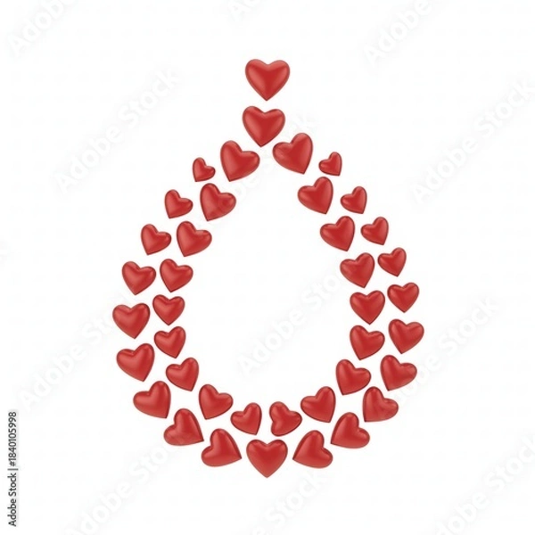 Fototapeta A teardrop shape formed by a cascade of red hearts on a white background