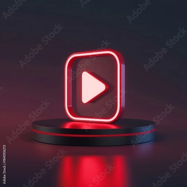 Fototapeta Glowing Red Play Button Icon on a Dark Pedestal with Neon Accents