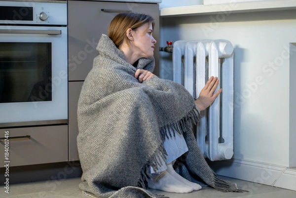 Fototapeta Sad woman covered in wool plaid warming up hand on central heating radiator at home. Upset female sitting in unheated cold kitchen, suffering with winter season heated utility problems in apartment.