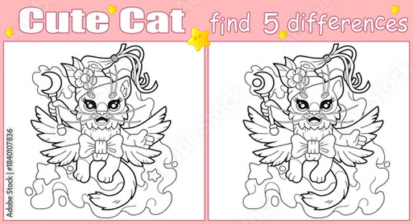 Obraz cute wizard cat, find five differences illustration