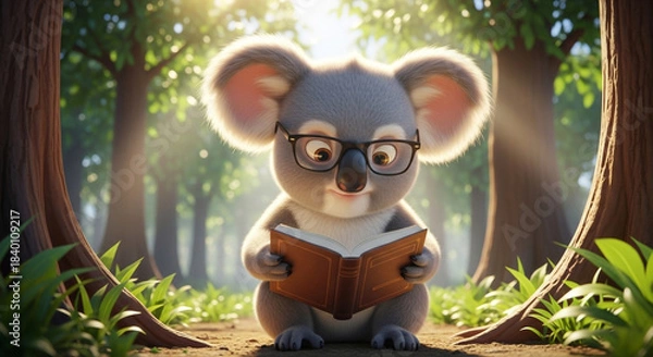 Obraz 木漏れ日の中で読書を楽しむ動物