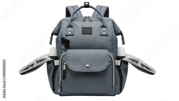 Obraz Gray fabric backpack with side pockets holding white bottles textile