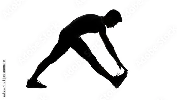Obraz Man stretching hamstrings in silhouette against black background hamstring stretch