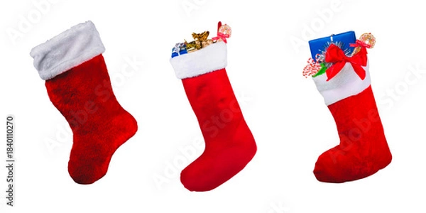 Fototapeta set of red sock of santa with full of gifts and presents