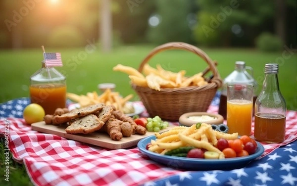 Fototapeta joyful Fourth of July picnic scene featuring delicious food, vibrant colors, and festive decorations, perfect for celebrating with family. High quality. High quality