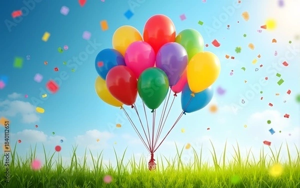 Fototapeta A collection of brightly colored balloons rises into a blue sky, surrounded by joyful confetti and lush green grass, creating a festive atmosphere under sunlight. High quality
