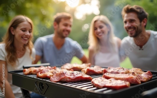 Fototapeta A happy family is gathered around a barbecue on a sunny day, with perfectly grilled meats in the foreground and blurred relatives joyfully chatting in the background. High quality