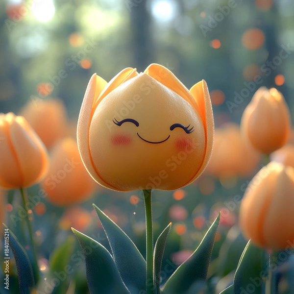 Fototapeta  Cheerful yellow tulip flower with a smiling face and rosy cheeks in a vibrant sunlit spring field