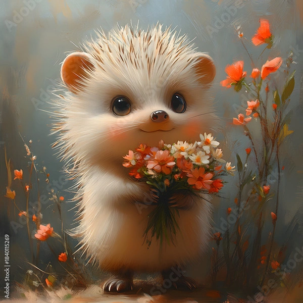 Fototapeta  Adorable Hedgehog Character Presenting a Colorful Floral Arrangement with Sweet Expression