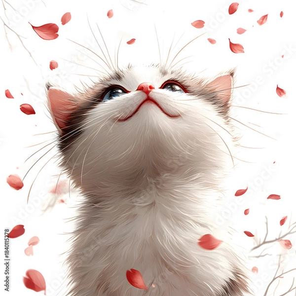 Fototapeta  Adorable fluffy domestic kitten looking up with curious blue eyes at soft pink flower petals gently falling in springtime