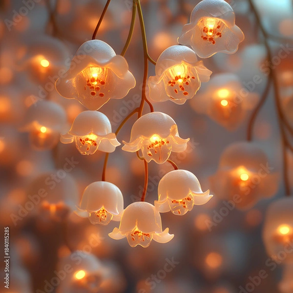 Fototapeta Delicate translucent bell shaped lights glowing softly on thin stems with warm bokeh background