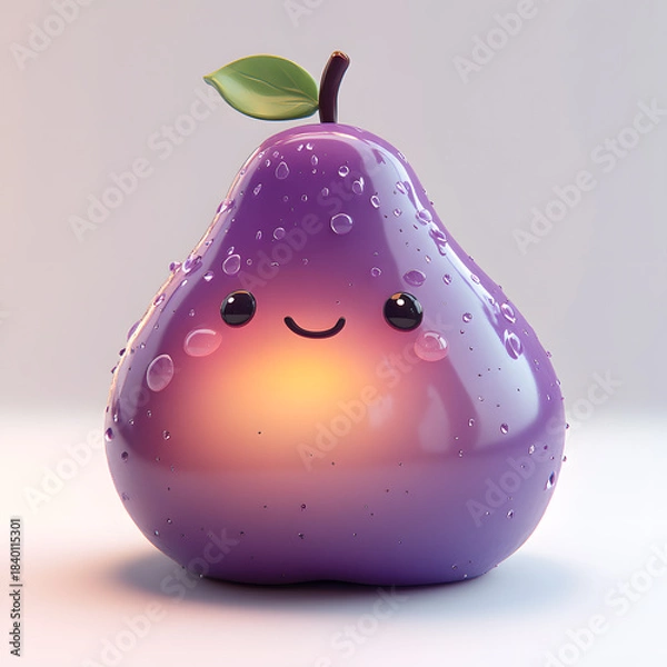 Fototapeta  Smiling purple pear fruit with dewdrops and a green leaf on a light background