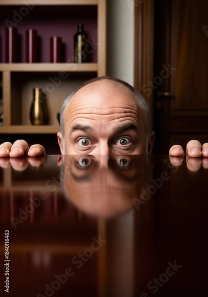 Obraz Bald Man Peering Over Glossy Table With Wide Eyes And Reflection