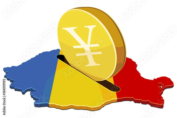 Fototapeta Romania flag map acting as a piggy bank receiving a giant golden yen coin. Concept for foreign investment, national finance, or taxation. (cut out)