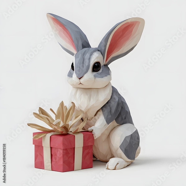 Fototapeta  Geometric style gray bunny rabbit sitting beside a red present with a golden bow on a white background