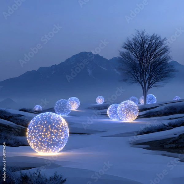 Fototapeta Glowing light spheres on a snowy winter landscape with mountains and a solitary tree in soft blue twilight.