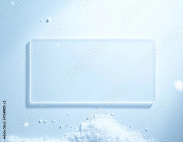 Obraz Glowing rectangular translucent panel with soft rounded corners rests gently on a light blue surface featuring scattered white powder.