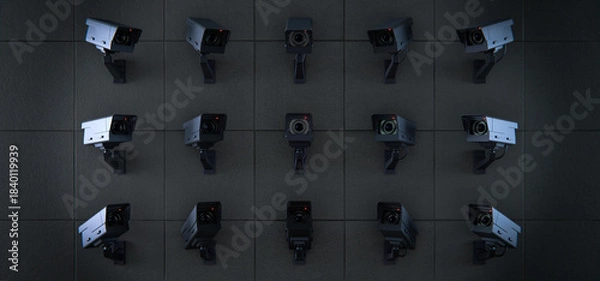Fototapeta Security, CCTV, surveillance cameras on dark wall, total control background