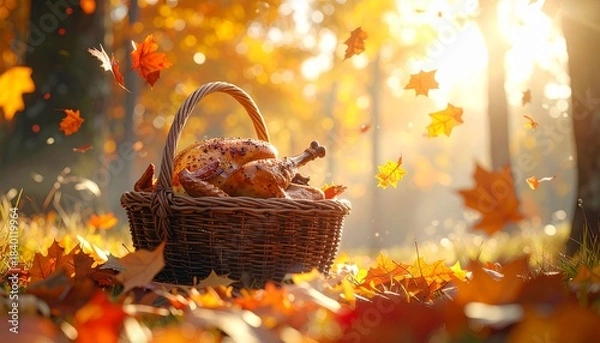 Obraz Outdoor Thanksgiving Forest Picnic,A nature-inspired outdoor Thanksgiving picnic with warm autumn ambience.