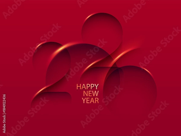 Fototapeta Happy New Year greetings. Elegant festive numbers 2026 on red background. Greeting card with calendar date.
