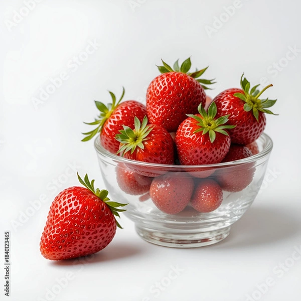 Fototapeta Fresh ripe strawberries arranged neatly in a minimal clear glass bowl.