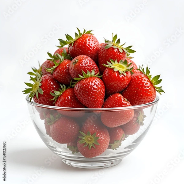 Fototapeta Fresh ripe strawberries arranged neatly in a minimal clear glass bowl.