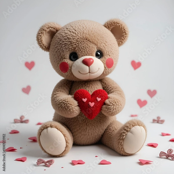 Fototapeta Soft romantic-themed plush toy gently holding a tiny heart.