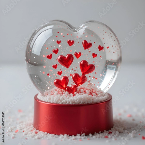 Fototapeta Heart-shaped snow globe containing tiny floating hearts, delicate romantic details.