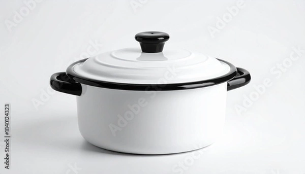 Fototapeta “White enamel cooking pot with black trim and lid on neutral background”