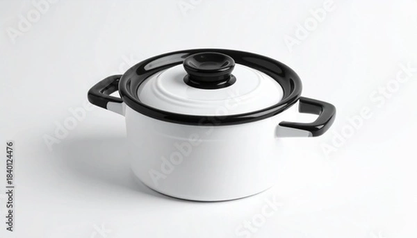 Fototapeta “White enamel cooking pot with black trim and lid on neutral background”