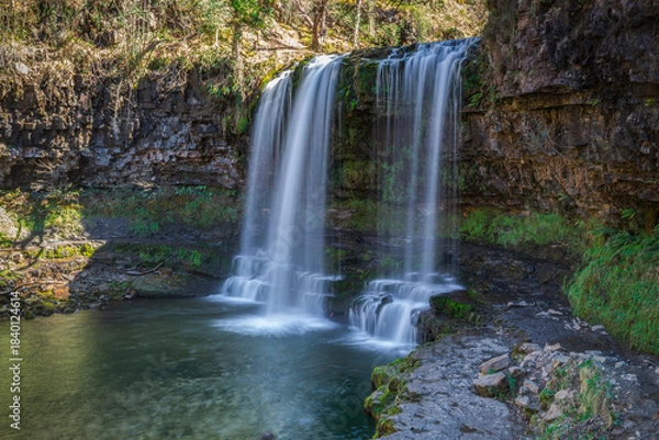 Obraz Sgwd yr Eira waterfall in Brecon Beacons national park, south Wales, famous for being the falls behind which you can walk