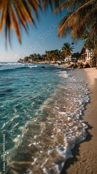 Fototapeta serene tropical beach scene with sharp sand and soft palm fringes