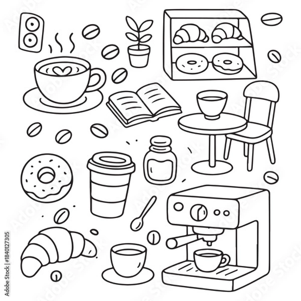 Obraz Coffee shop elements doodle set with various items like cups beans pastries and a coffee machine.