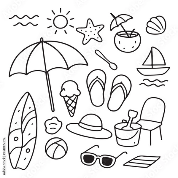 Fototapeta Summer Beach Vacation Objects Collection Doodle Style.