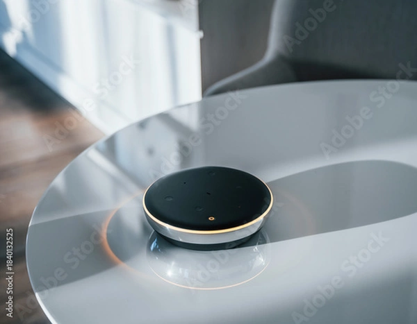 Fototapeta Sleek smart speaker with an active glowing light ring on a minimalist reflective table. This modern device embodies cuttingedge home automation, AI, and connected living.
