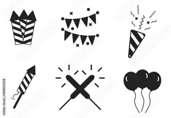Fototapeta Bundle of isolated illustrations of fireworks icons in black and white flat design style for images, icons and promotional image elements for new year and birthday fireworks party events.