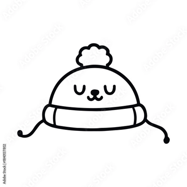 Fototapeta A children's hat with a pompom, smiling softly through, vector illustration