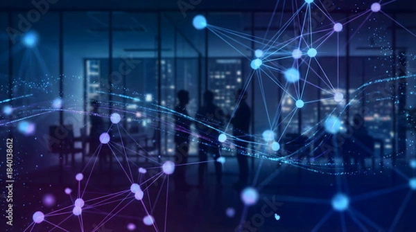 Obraz Silhouettes of people in office with glowing digital network overlay abstract